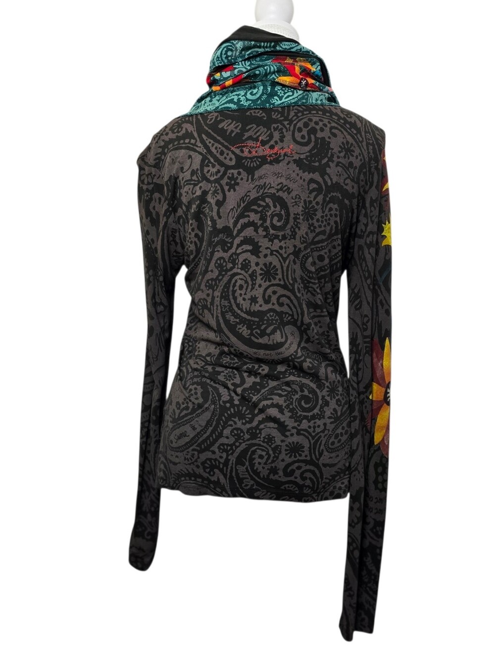 Desigual Eugenia Dark Gray Floral Paisley Long Sleeve Boho Top Women's Size M - Picture 3 of 9